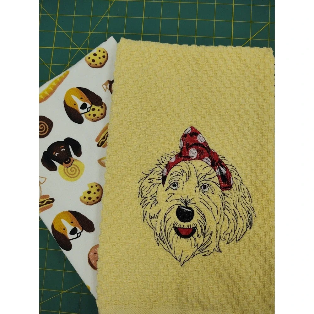 LABRADOODLE Dog With Headband Kitchen Bath Hand Bar Towel Set of 2